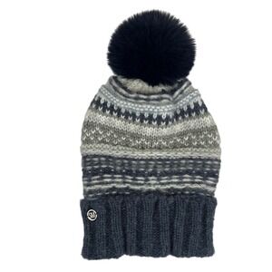 Steve Madden Womens Fair Isle Knit Beanie Navy Grey Faux Fur Pom Pom One Size
